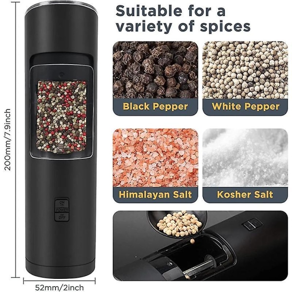 Elektrisk salt- og pepperkvernsett, automatisk saltkvern, pepper med bryterknapp, gravitasjonssen Black