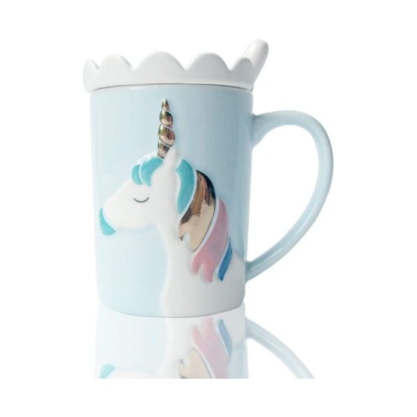 Søte krus Keramisk Unicorn Mug morsomt kaffekrus Unike melketekopper med blondelokk og skje for barn, kvinner, jenter - blå