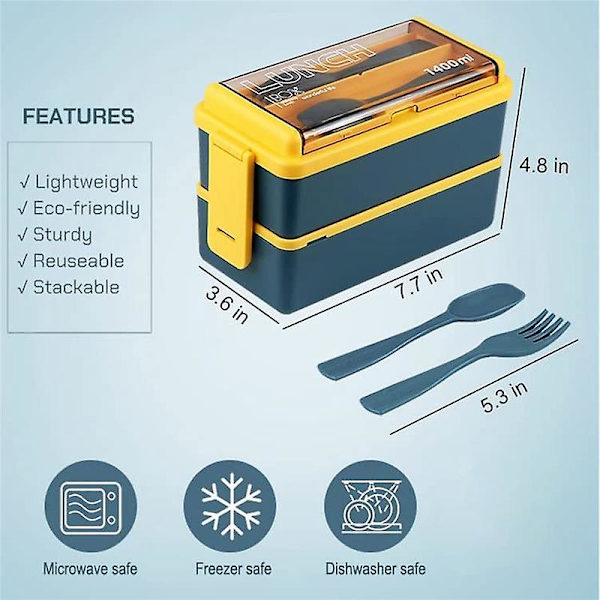 Opgraderet Bento Box til Voksne, 2 Lag Stakbar Madkasse med Spisebestik og Støvcover, 49oz Bento Sal
