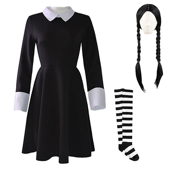 Onsdag Addams Cosplay Klänning för Flickor 2023 Ny Prinsessklänning Mardi Gras Kostym Barnfestklänningar 4-12 År -ge Dress Socks Wig 110