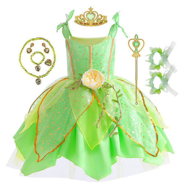 2-9 år Tinkerbell fe kostume til piger Cosplay kostume grøn fe prinsesse kjole med krone halskæde hånd blomst gaver 2-3 Years