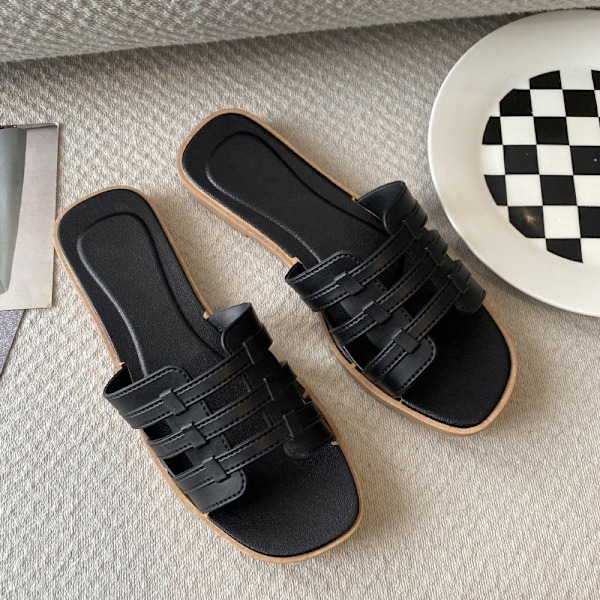 Sommartofflor för damer, utomhusbruk, koreansk stil Ins Web, modesandaler 778-2 Three-Stripes Black 40-41