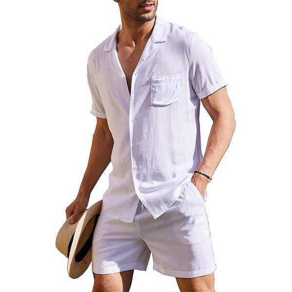 Enfärgade kortärmade skjortor för män Korta byxor Set Summer Holiday Beach Tops + Shorts Outfits White XL