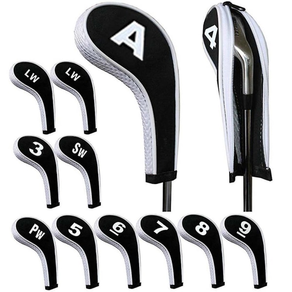 12st Golf Head Cover Golf Club Iron Protect Set med nummer & blixtlås lång hals White