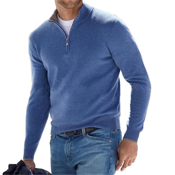 Herrar Zip Ståkrags Solid Toppar Casual Höst Vinter Långärmad Tröja Navy Blue 2XL
