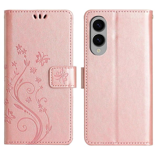 Læder Wallet Case med Sommerfugl og Blomster til Samsung Galaxy S25 Edge med Rem Multicolor Rose Gold