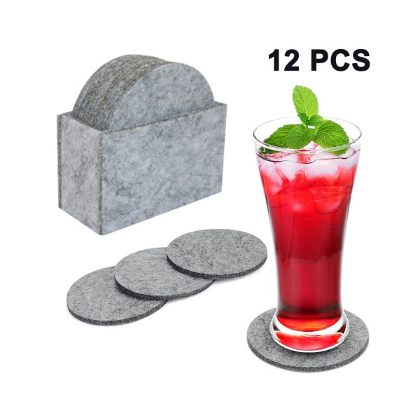 Premium filtunderlägg för drinkar, set med 12 runda grå glasunderlägg inkluderar en matchande filtunderläggshållare - ljusgrå