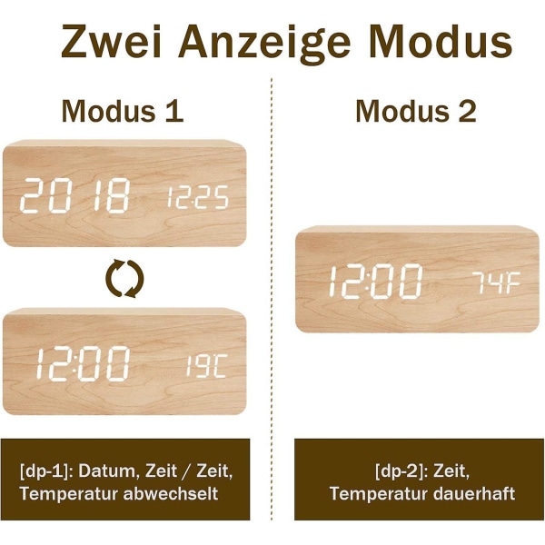 Tcgg-træbordur - Led digitalt vækkeur - Stående ur med dato, temperatur og usb-port - Batteridrevet - Bambus - Hvid