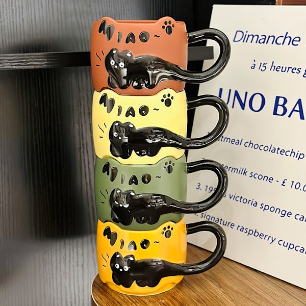 Keramisk kaffemugg med tecknad katt, staplade kattkaffemuggar för hemmet Green