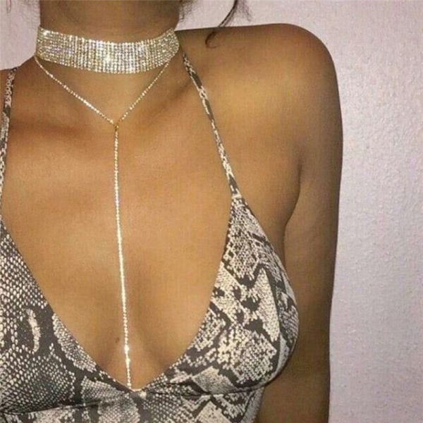 Mode kvinnor nyckelben halsband Rhinestone hänge kedja choker Gold