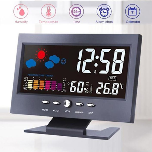 LCD färg Digital bakgrundsbelysning Snooze Alarm Clock Väderprognoser