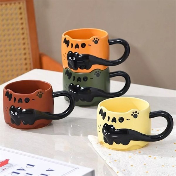 Keramisk kaffemugg med tecknad katt, staplade kattkaffemuggar för hemmet Brown