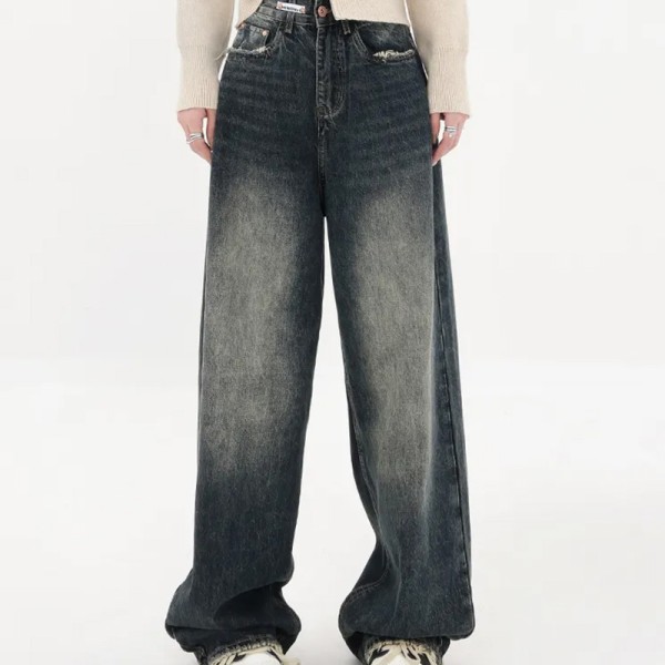Street Wear kvinnor hög midja raka lösa jeansbyxor DarkBlue 3XL