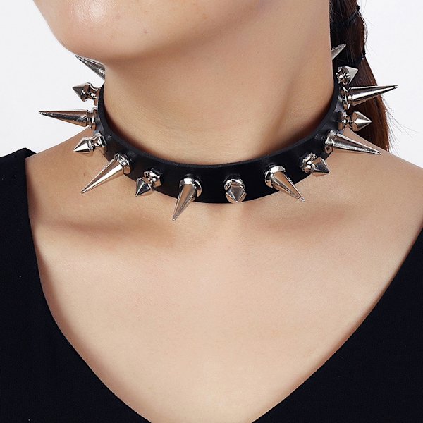 Long Spike Choker Punk konstläderkrage Goth Style halsband Black