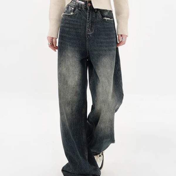 Street Wear kvinnor hög midja raka lösa jeansbyxor DarkBlue L