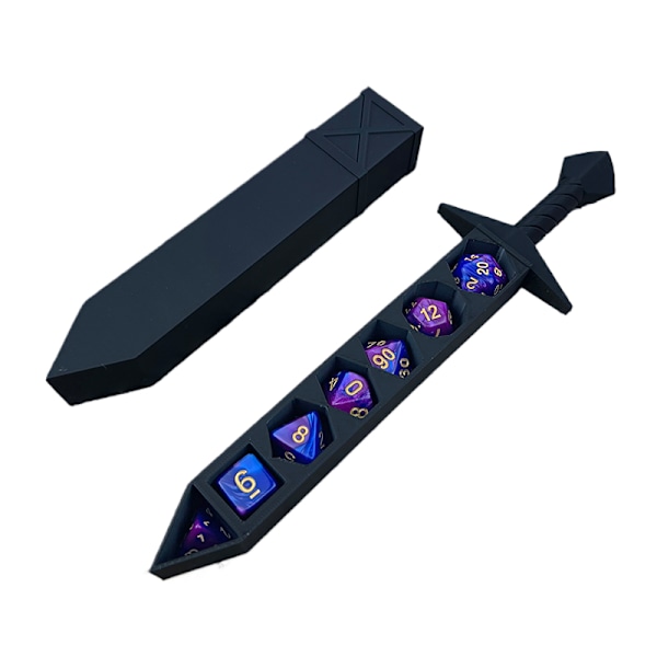 3D-printad svärdformad förvaringslåda med tärningar för DND RPG TRPG A1