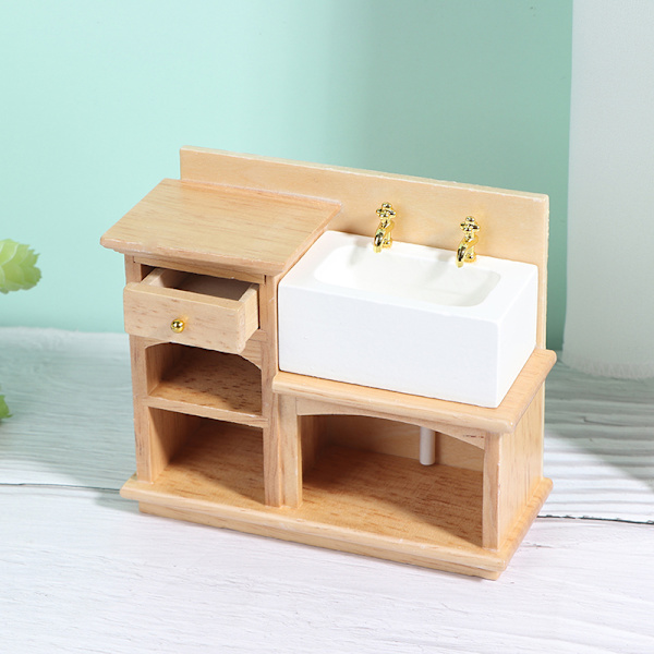 Trä Dollhouse Möbler Handfat Diskbänk Skåp