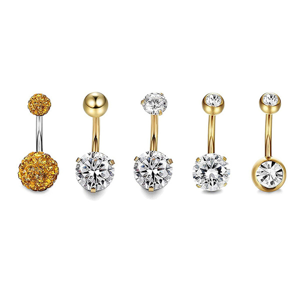 5 STK/ Set Rostfritt stål Kristall Navel Ringar Bar P Gold