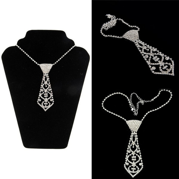 Underbart sexigt Bling Rhinestone Neck Tie Necklace för Prom Ball Silver