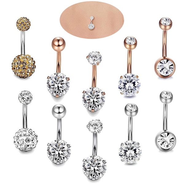 5 STK/ Set Rostfritt stål Kristall Navel Ringar Bar P Silver