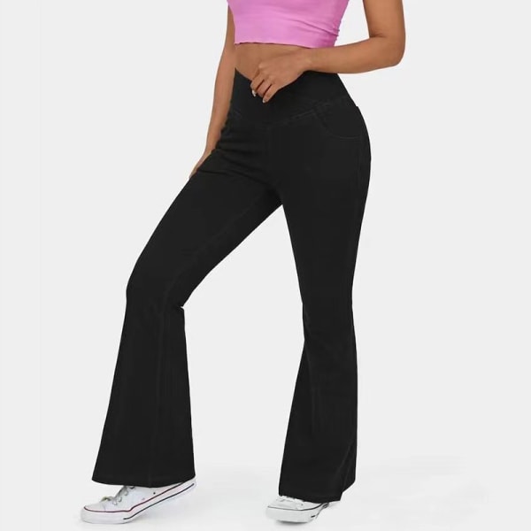 Stretchy stickade flare jeans med hög midja för kvinnor Washed Denim Black XL