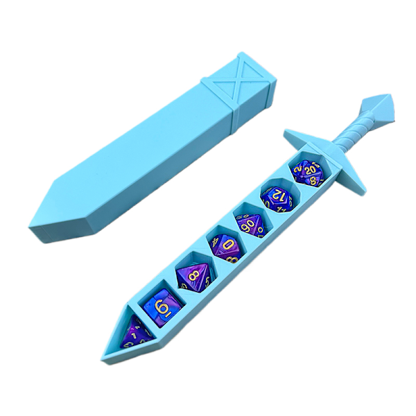 3D-printad svärdformad förvaringslåda med tärningar för DND RPG TRPG A5