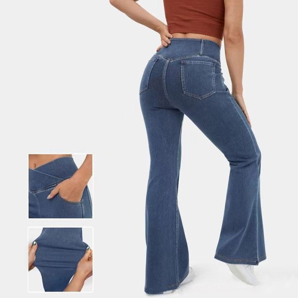 Stretchy stickade flare jeans med hög midja för kvinnor Black M