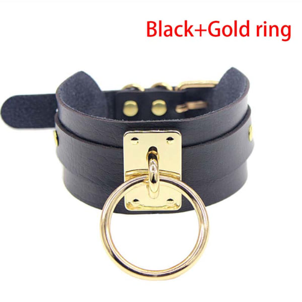 Punk Gothic Wide PU läder O Ring krage Choker halsband kvinnor Black+Gold ring