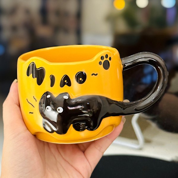 Keramisk kaffemugg med tecknad katt, staplade kattkaffemuggar för hemmet Orange