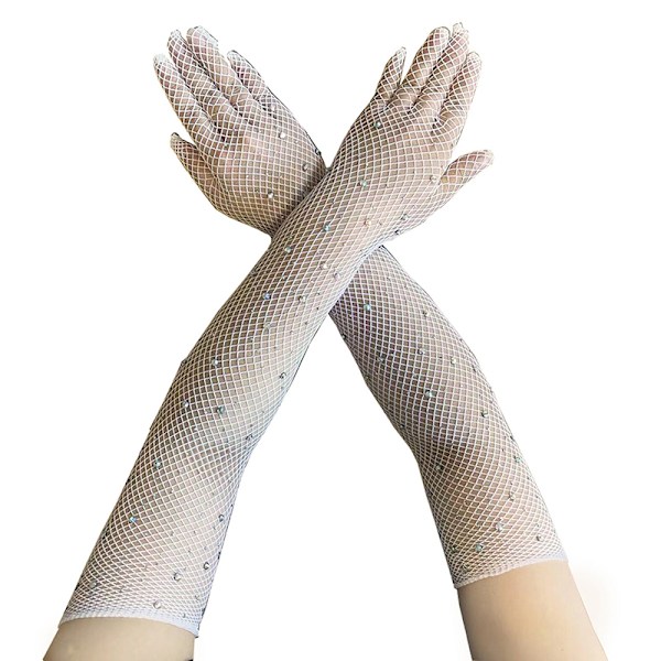 Sexiga Elastiska Rhinestones Mesh Handskar Långa handskar Tillbehör White