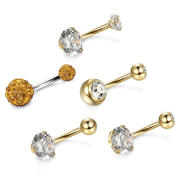 5 STK/ Set Rostfritt stål Kristall Navel Ringar Bar P Silver