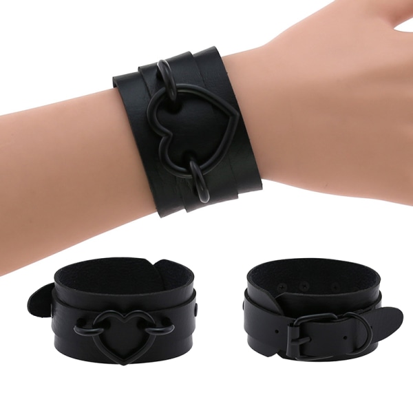 Hjärta Armband Läder Armband Manschett Gothic Punk Armband Unise Black