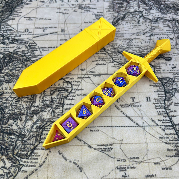 3D-printad svärdformad förvaringslåda med tärningar för DND RPG TRPG A5