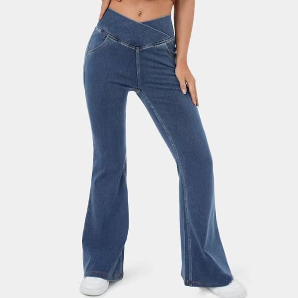 Stretchy stickade flare jeans med hög midja för kvinnor Washed Denim Dark Blue L