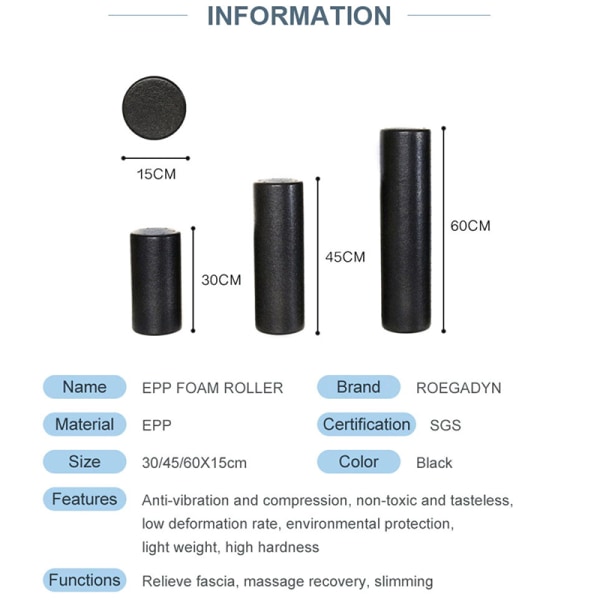 3 storlekar Black Yoga Foam Roller 30/45/60 CM Träningsutrustning M 60*15cm