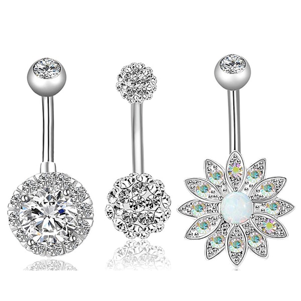 3ST/ Set Rostfritt stål Kristall Opal navelringar Navel Silver