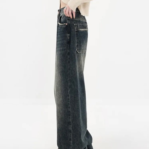 Street Wear kvinnor hög midja raka lösa jeansbyxor DarkBlue XL
