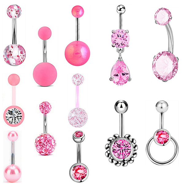 12st/ set Crystal Belly Button Ring Mode Kvinna Navel Body Pi Pink