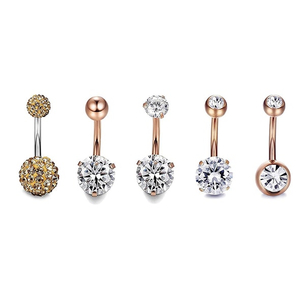 5 STK/ Set Rostfritt stål Kristall Navel Ringar Bar P Rose Gold
