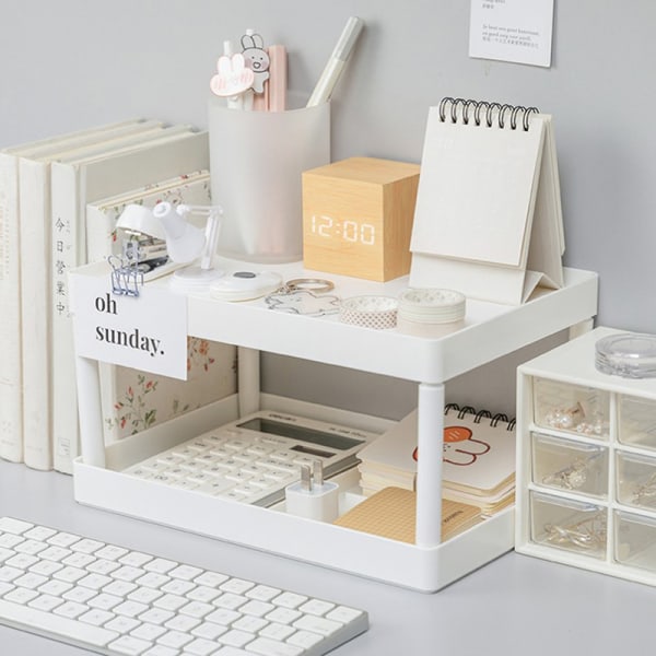 Dubbellagers förvaringshylla för skrivbordsförvaring för kosmetika