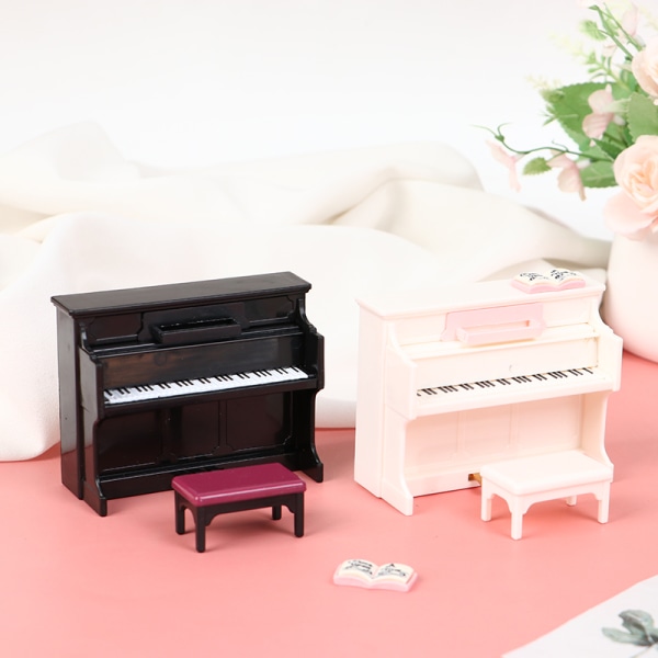 1/12 Dollhouse Miniatyr plastpiano med pall Doll House A Black