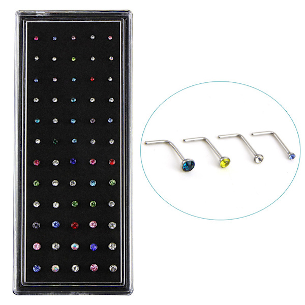 60PCS L Style Crystal Rhinestone Nose Ring Bone Stud Steel Pier White