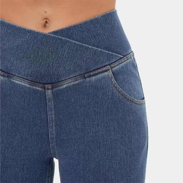 Stretchy stickade flare jeans med hög midja för kvinnor Washed Denim Black L