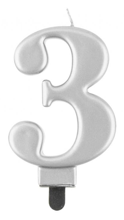 Siffra 3 metallisk silver tårtljus