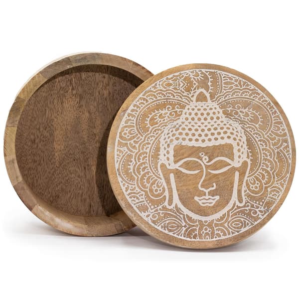 Stor Rund Ask 17.5x7.5cm - Buddhas Ansikte - Vittvättad