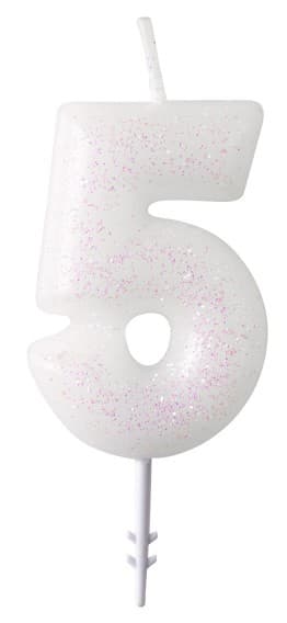 Vit glittrande siffervaxljus nummer 5, 6,5 cm