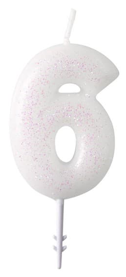 Vitt glittrande ljus siffra 6, 6,5 cm
