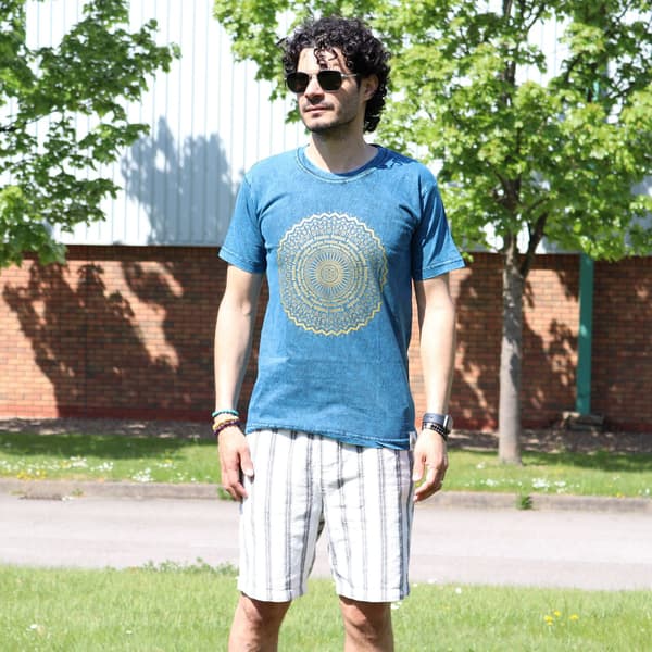 Stentvättad T-shirt (S) - Mandala - Blå