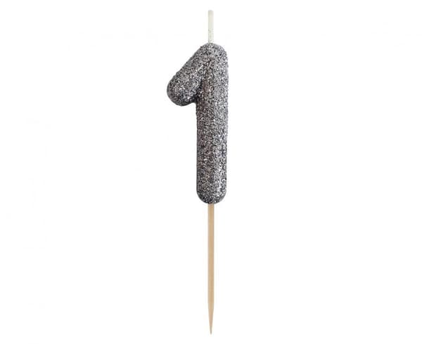 Number Glitter Black, svart siffertårtljus nummer 1