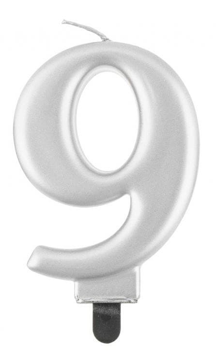 Siffertårtljus silver nummer 9, 8 cm